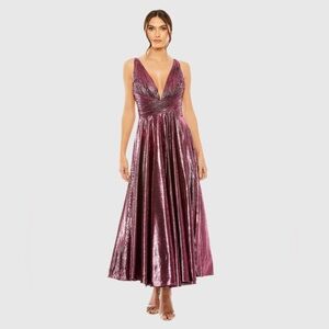 Pink Sleeveless V Neck Pleated Top Metallic Dress